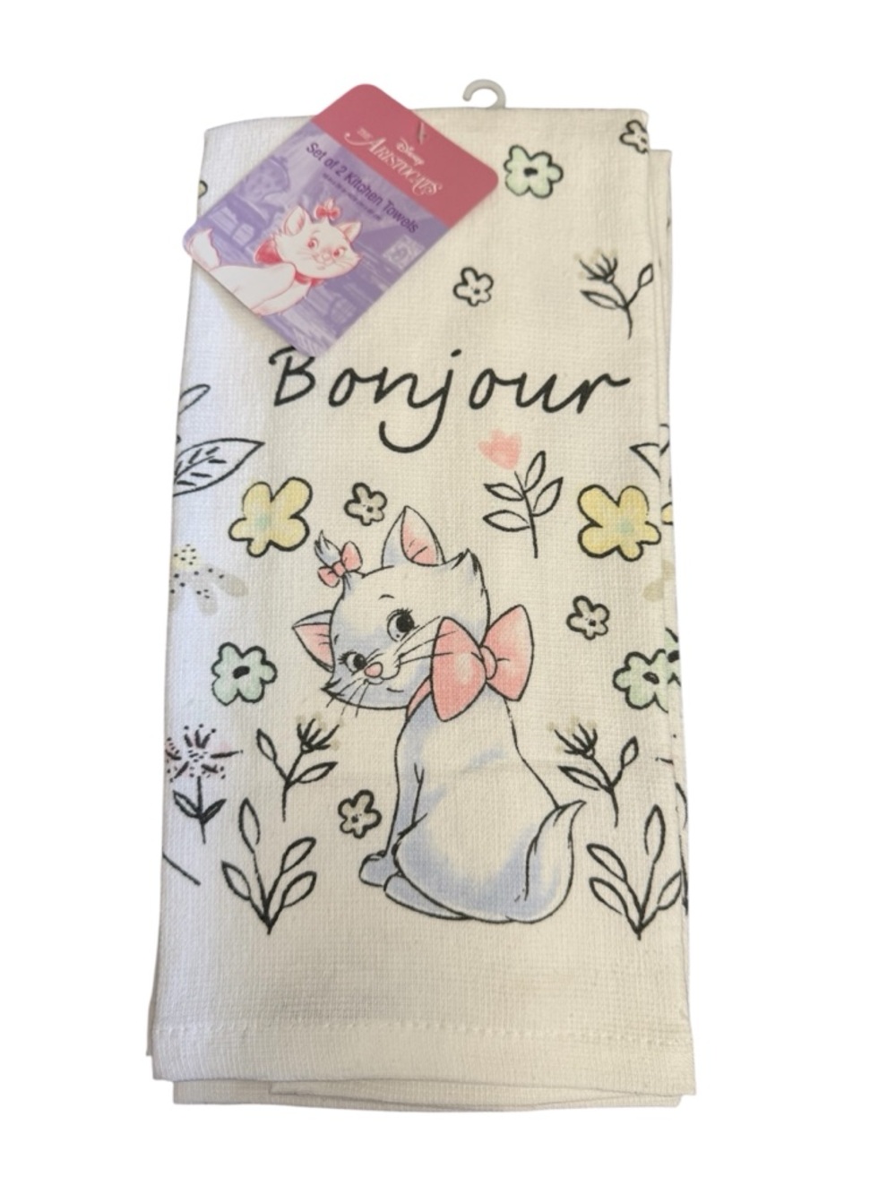 Bonjour Cat Kitchen Towel - White with Pastel Accents